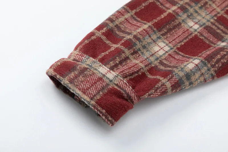 Autumn and Winter New Lattice Embroidery Woolen Jacket Shirt Japanese Retro Plaid Casual Loose Long Sleeved Jackets Coats