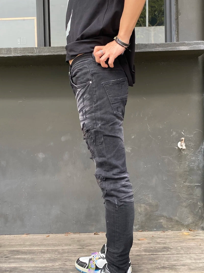 knee hole patckwork skinny denim jeans men slim biker trousers jeans fashion streetwear hip hop retro washed jean pants joggers unique joggers style 3359