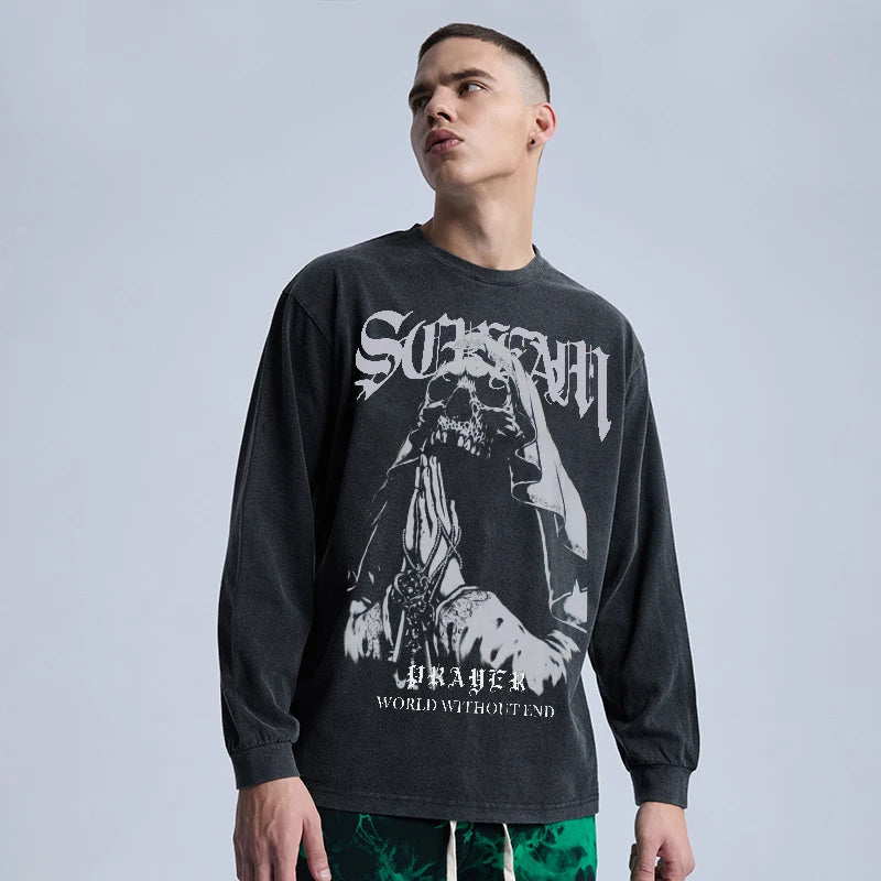 Rainbowtouches Washed Long Shirts For Men Fashion Design Printed Cotton Tidal Current Comfortable Style Black Men's Clothing
