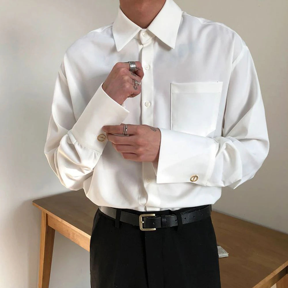 Mens French Elegant Basic Shirt Autumn Winter Genderless Fashion Trend Casual Solid Color Simple Long-Sleeved Shirt Unisex