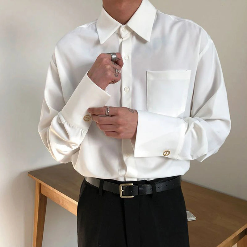 Mens French Elegant Basic Shirt Autumn Winter Genderless Fashion Trend Casual Solid Color Simple Long-Sleeved Shirt Unisex