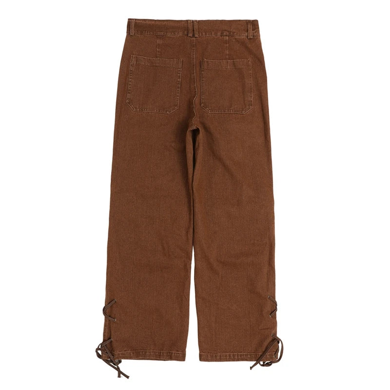 2023 cool design bandage pockets vintage brown baggy men cargo jeans pants y2k hip hop women cotton long trousers pantaloni uomo unique cargo style 1861