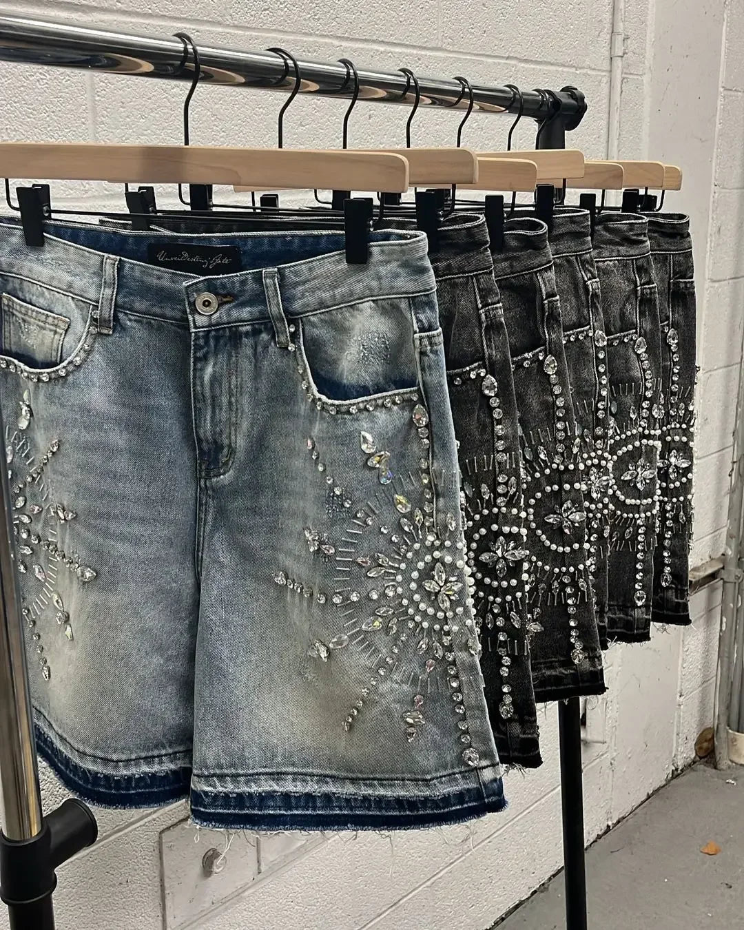 Denim Gym Shorts Men Women Y2K Hip Hop Retro Rhinestones Streetwear Shorts Gothic Baggy Jeans High Waist Basketball Shorts