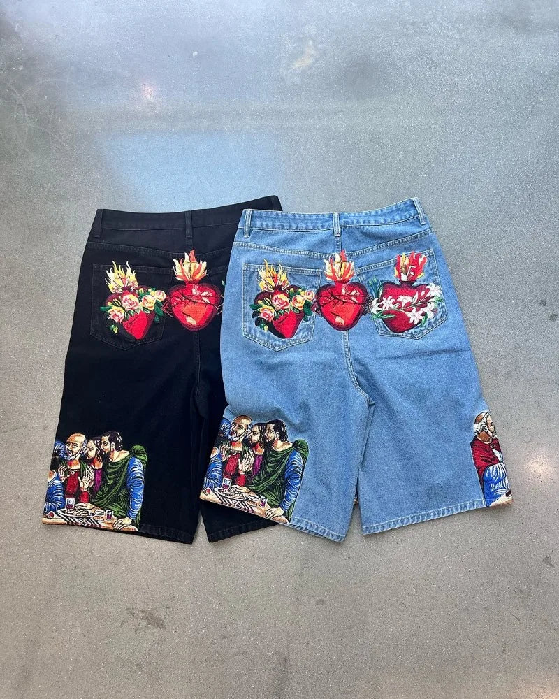 harajuku retro cartoon print oversized wide leg pants gothic washed distressed jeans men y2k fashion casual denim shorts women unique jeans style 3742