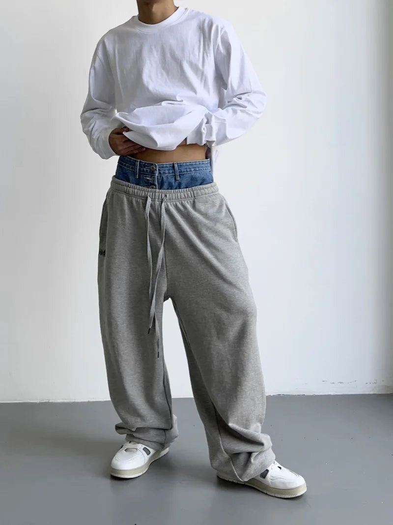 hip hop straight pants spliced button jean elastic waist pants loose trousers unisex casual drewstring sportwear pants joggers urban active pants
