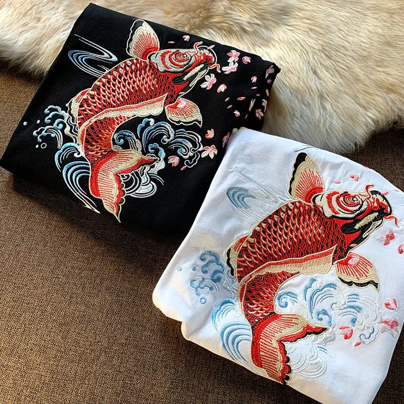 Cyberpunk Graphic Tee – New Summer Aesthetic Vintage Carp Fish Embroidery T Shirts W – Modern Streetwear for Everyone