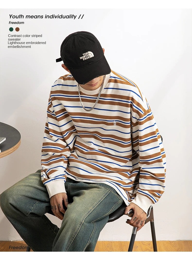 Vaporwave Oversized shirt – Embroidered Striped Contrast Round Neck Cotton Sweatshirts A