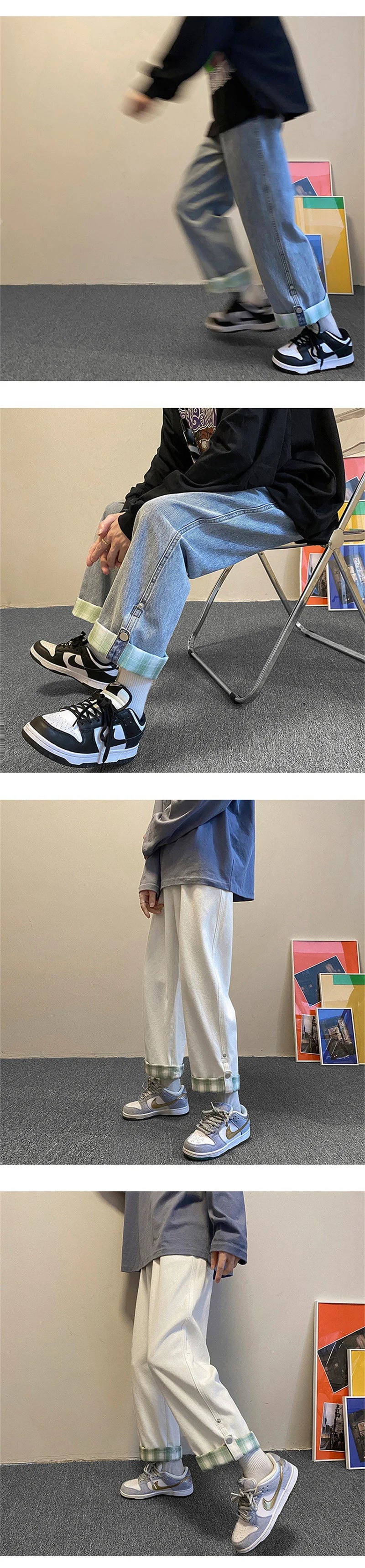 autumn plaid cuffs wide leg jeans for men high street fashion straight denim pants mujer elastic y2k baggy blue jean trousers unique jeans style 847