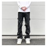 fashion knee adjust belt decoration denim jeans zipper straight jeans hip hop streetwear mens casual loose joggers jeans pants unique joggers style 2567