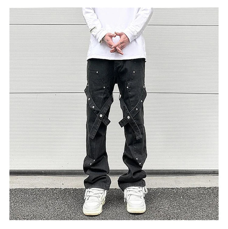 fashion knee adjust belt decoration denim jeans zipper straight jeans hip hop streetwear mens casual loose joggers jeans pants unique joggers style 2567
