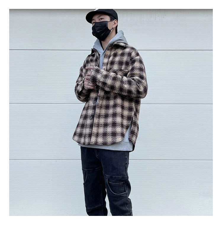Mens Plaid Shirts New Fashion Single Breasted Hip Hop Loose Shirts Autumn Winter Casual Long Sleeve High Street Streetwear