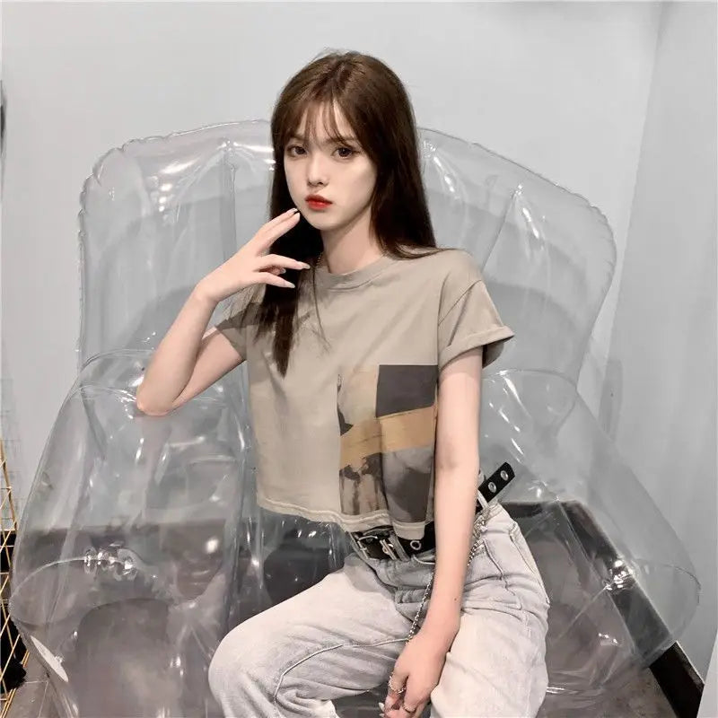 Skatercore Vintage print – New Summer New Pure Cotton Discreet Navel Baring Short Sleev