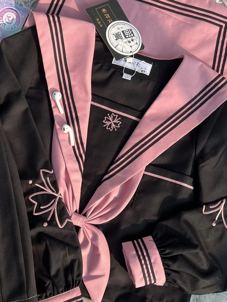 JK Original Kawaii Suit Japanese Genuine Cherry Blossom Embroidered Top + Dark Bad Jk Uniform Skirt Girly Sailor Suit