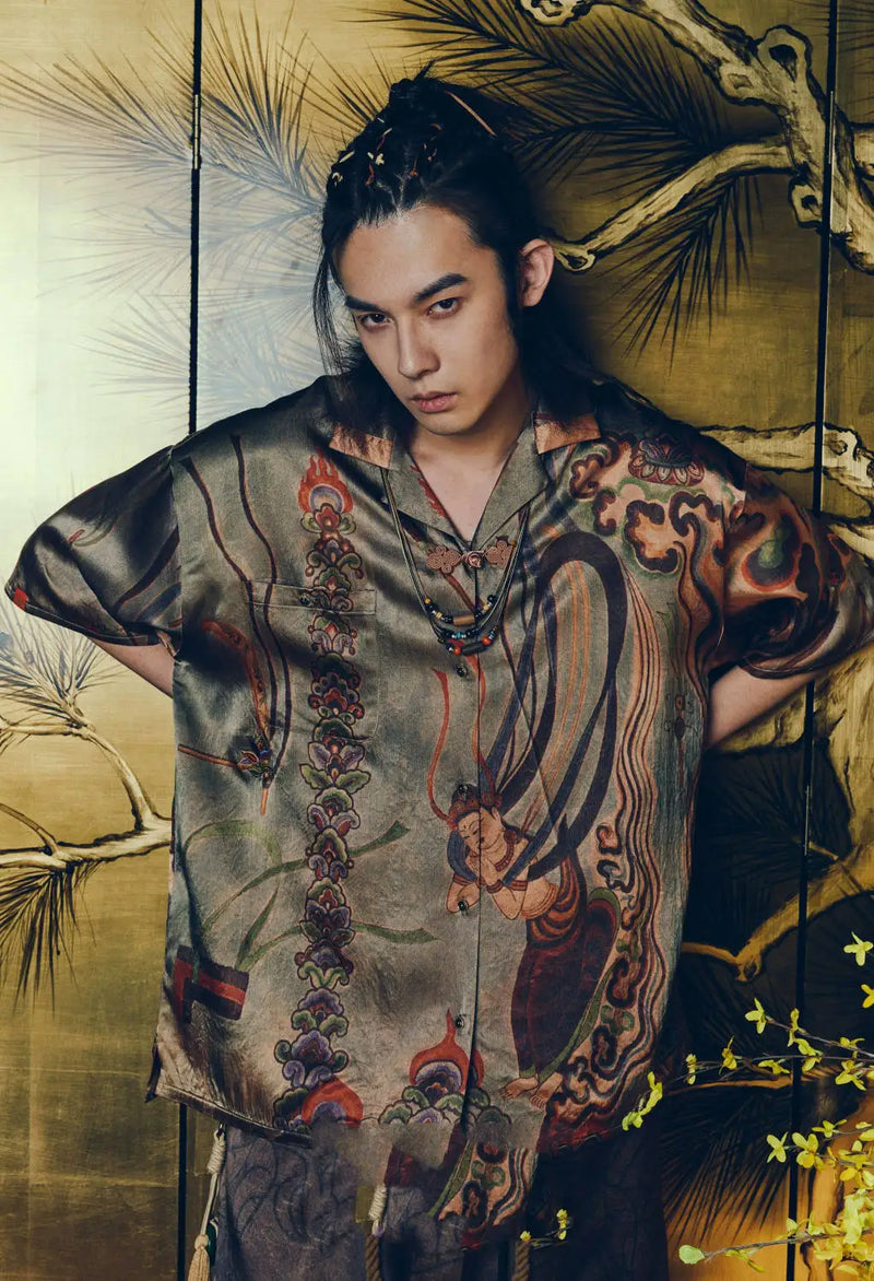 Dunhuang Feitian new Chinese style national trend printed casual short-sleeved shirt 2024 young men and women trendy retro tops