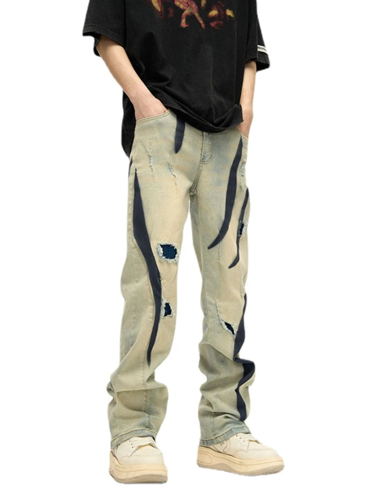 irregular graffiti prtinted denim jean pants casual distressed washed biker jeans hip hop streetwear y2k mens straight joggers urban active pants