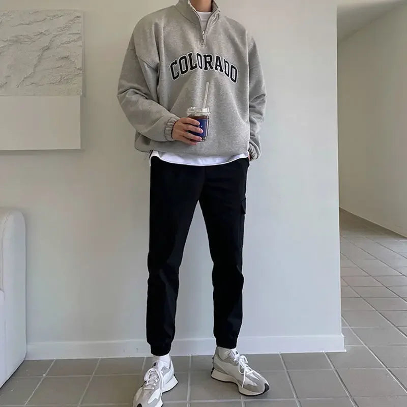 Autumn And Winter Half Turtleneck Half Zipper Sweatshirt Men Letter Pr