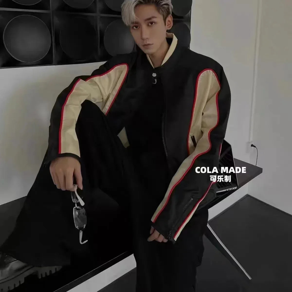 leather varsity jacket, fall winter fit, for men, fall streetwear outfit, oversized style, layered fashion, modern aesthetic, graphic detail