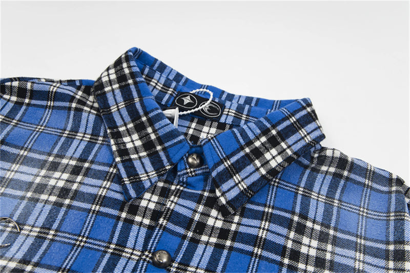 24SS New THUG CLUB Trendy Sword Print High-Street Cotton Vintage Plaid Shirt