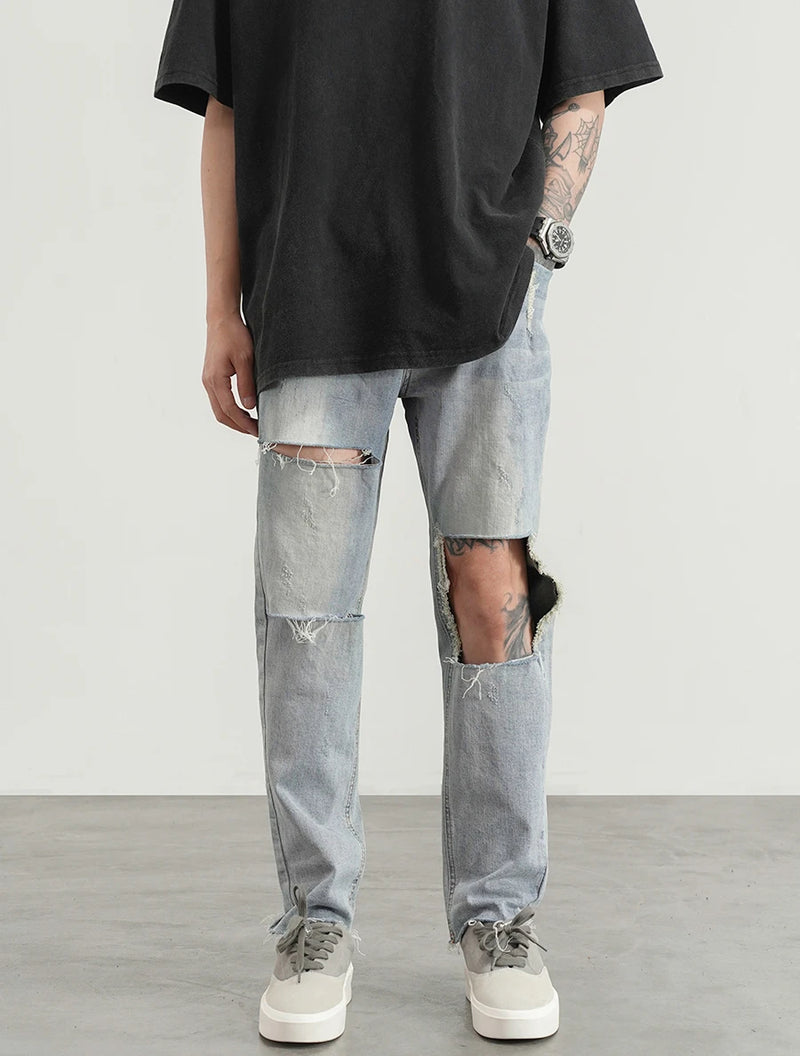 destroied big holes ripped denim jeans mens distressed biker jeans fashion high street slim straight pants streetwear joggers unique joggers style 1368