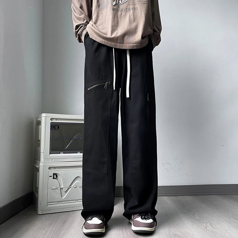 new korean fashion cargo straight pants for men autumn casual zipper pocket drawstring trousers classic tactical y2k pantalones multi-pocket cargos