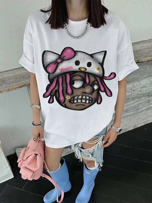 harajuku flame anime tee with chaotic comic panels and neon haze