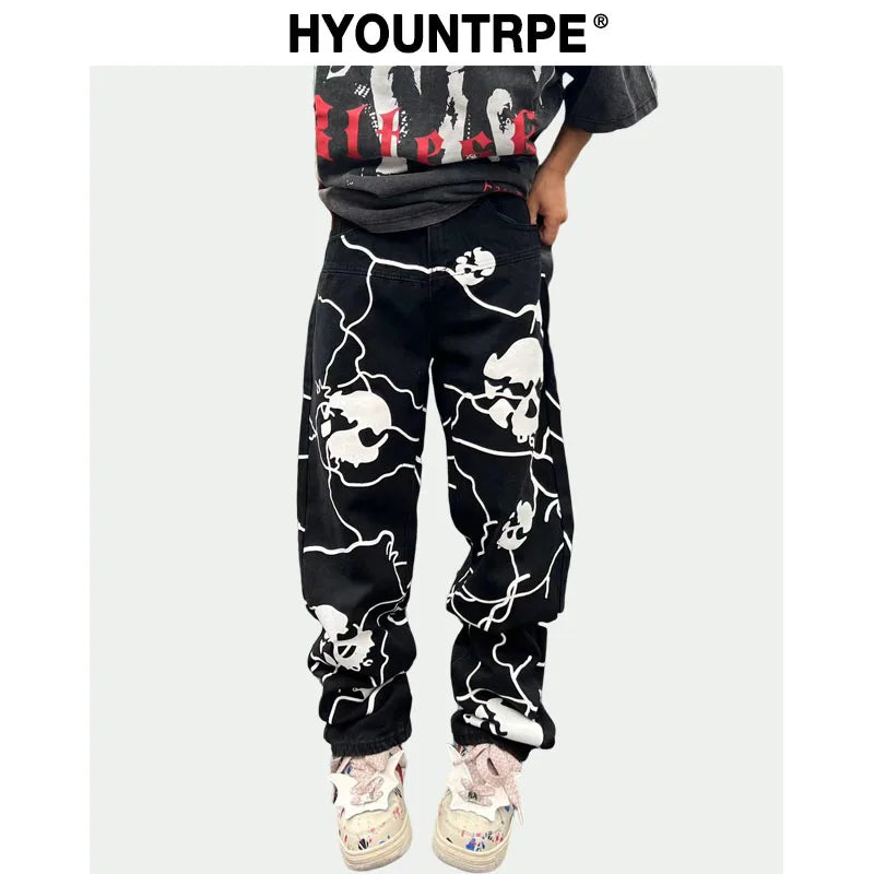 fashion lightning skull printed denim jeans mens unisex casual zipper straight jeans streetwear hip hop y2k jean pants joggers streetwear sweatpants