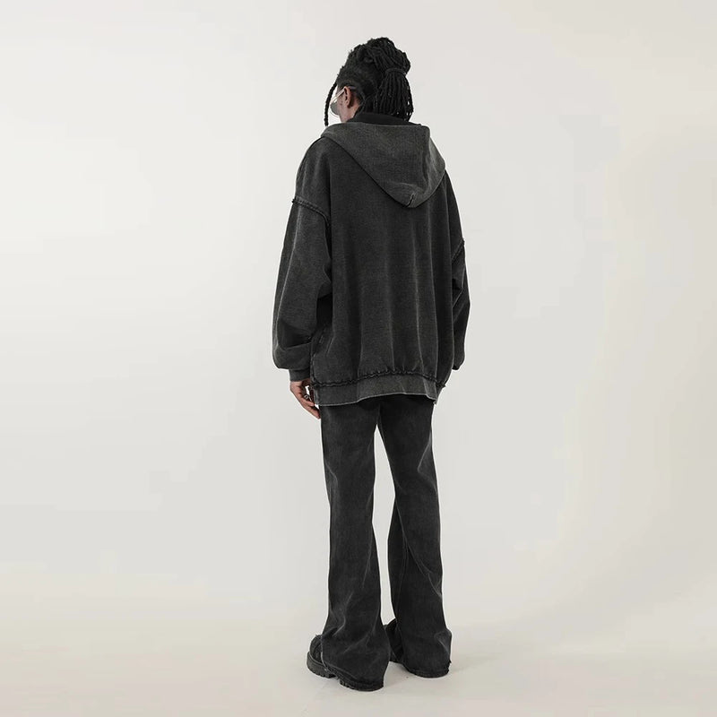 american ro black washed frayed flared jean high street trend personality vintage slim fit flare denim pants cleanfit distressed denim street jeans