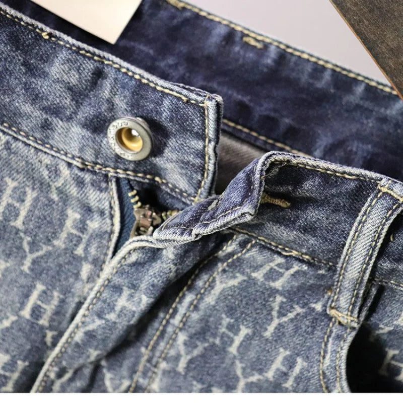 european and american fashion brand cowboy middle pants mens five point shorts non fading washed printed denim shorts unique jeans style 2059