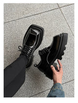 Men Streetwear Dark Black Fashion Thick Sole Platform PU Leather Casual Luxury High Street Increase Square Derby Shoes Man