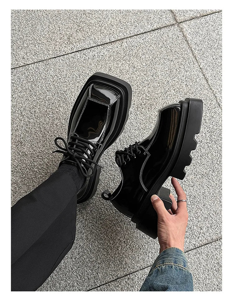 Men Streetwear Dark Black Fashion Thick Sole Platform PU Leather Casual Luxury High Street Increase Square Derby Shoes Man
