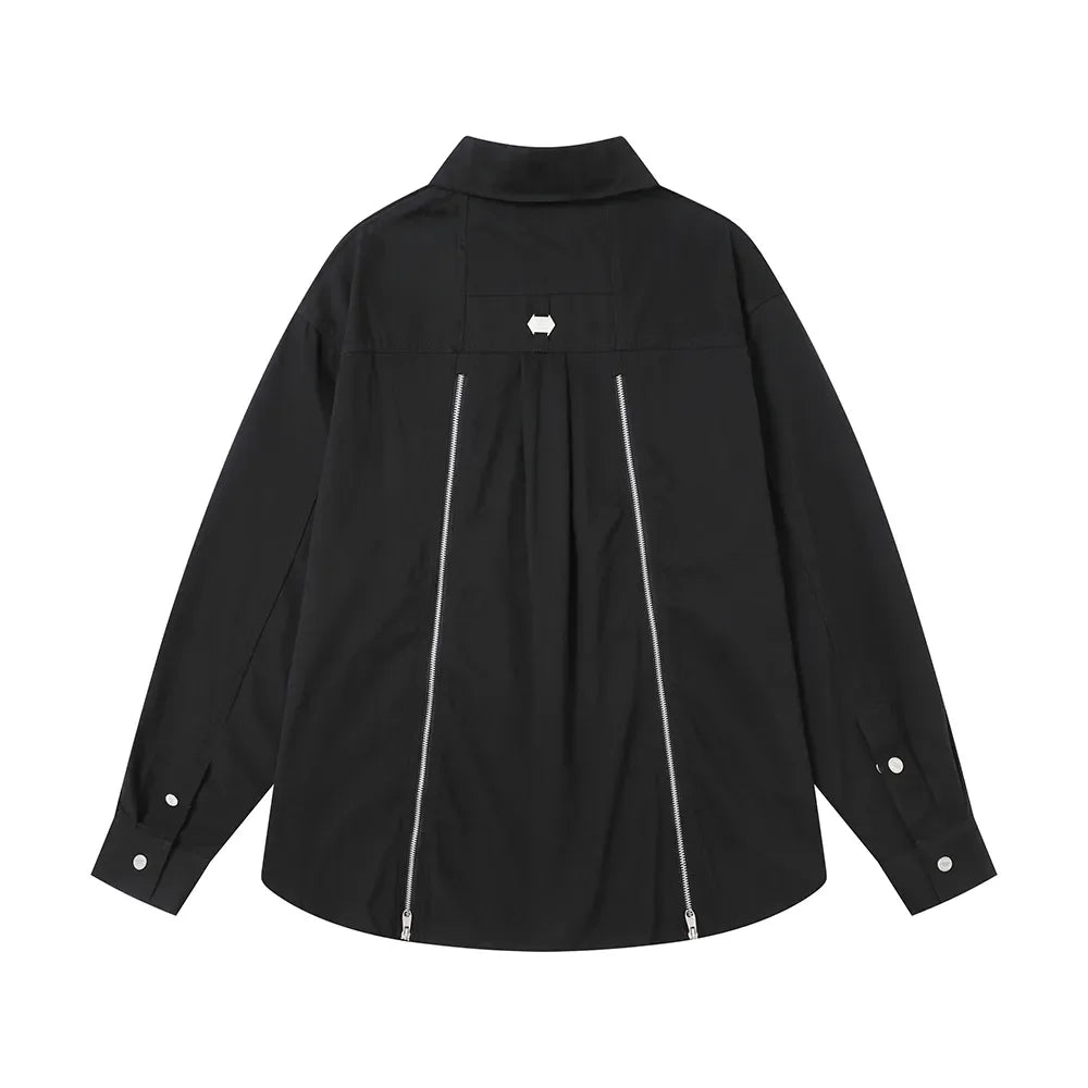Back Zipper Vibe Style Black Long Sleeve Shirts Jackets for Men Streetwear Y2k Baggy Ropa Hombre Camisas Oversized Loose Coat