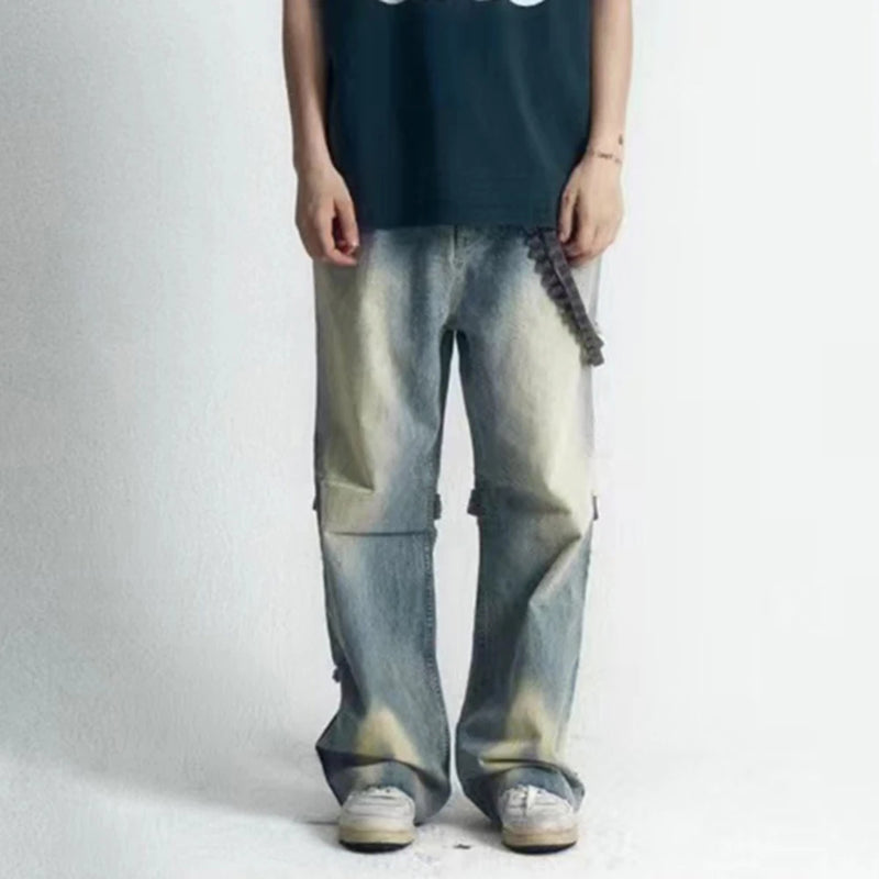 detachable leather chain washed baggy jeans for men and women straight streetwear casual denim trousers oversized cargo pants combat utility trousers