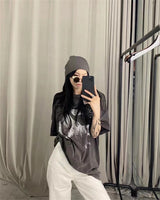 Trapwear Oversized shirt – 2024 Summer Vintage Fashion Charcoal Black Split Print Sheep