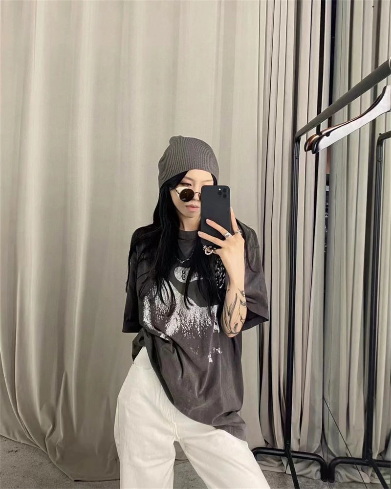 Trapwear Oversized shirt – 2024 Summer Vintage Fashion Charcoal Black Split Print Sheep