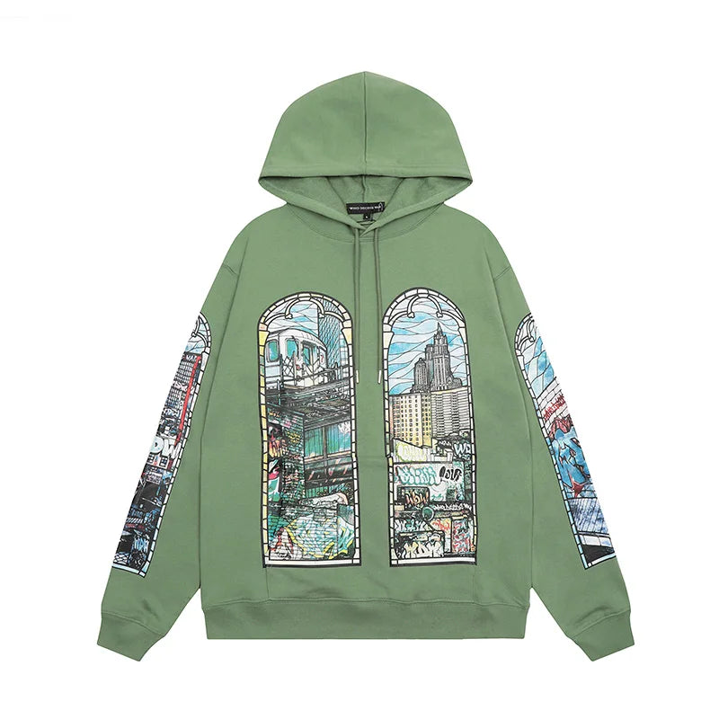 24Ss Autumn And Winter Who Decides War Hoodies Vintage City Cartoon Pr