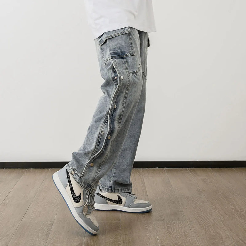 men fashion denim jeans casual bottom button open straight jeans with pockets hip hop streetwear zipper cargo joggers jean pants unique joggers style 2518