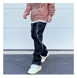 high street black white straight zipper becomes slightly flared denim jeans harajuku casual hip hop cashew flower jeans for men unique jeans style 4420