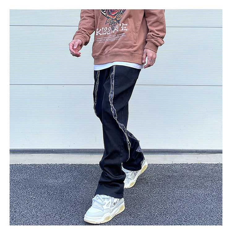 high street black white straight zipper becomes slightly flared denim jeans harajuku casual hip hop cashew flower jeans for men unique jeans style 4420