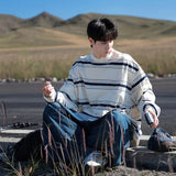 Trendy Fall Fashion Sweater – Autumn Japanese Retro Striped Sweatshirts For Men And Women Y2K Streetwear Crewneck Long Sleeve T Shirts Casual Pocket Knit Tops | Zip Knit Drop #49