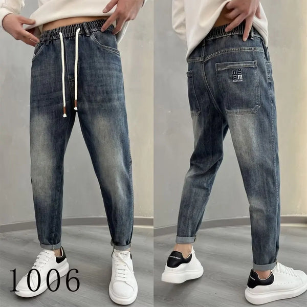 2024 autumn tapered jeans drawstring hip hop baggy designer streetwear mens clothing stylish casual denim harem jeans for men ripped baggy denim