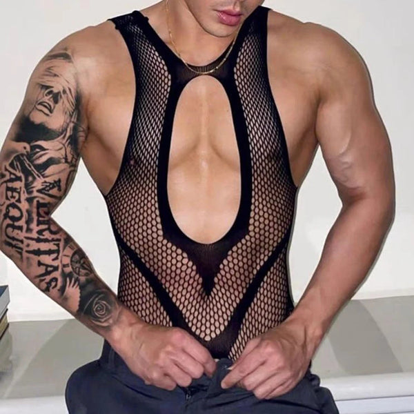 Mens Ultra-thin Erotic Lingerie gay boys Sexy Transparent Mesh Lace Jumpsuit Set See Through Vest Stockings Tights Bodysuit LGBT