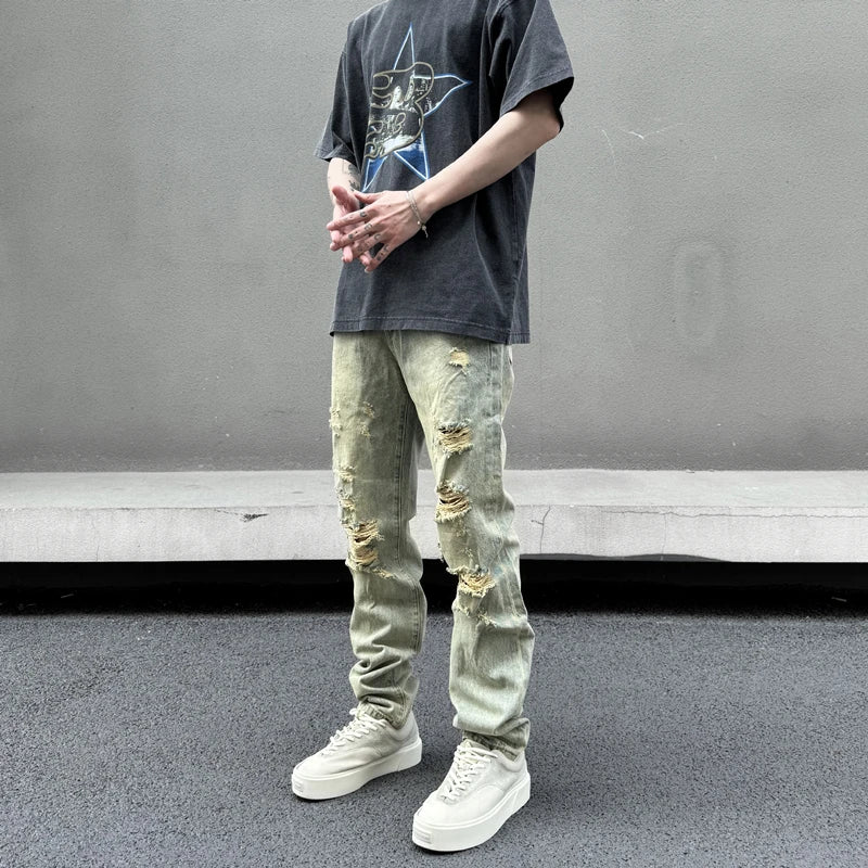 retro washed skinny jeans men pant destroyed ripped holes slim biker zipper jeans trousers fashion streetwear hip hop joggers unique joggers style 5229