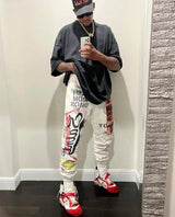 24ss vintage retro graffiti washed worn cotton high street long pants leggings unique default style 6187