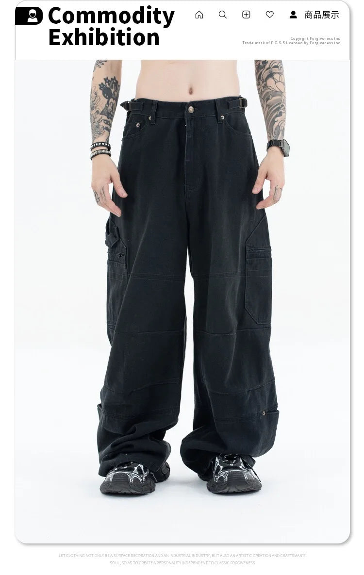 Washed and worn multi-pocket cargo jeans