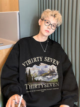 Autumn Oil Painting Landscape Print Cotton Sweatshirt Men Loose Casual Crewneck Pullover Hoodies Korean