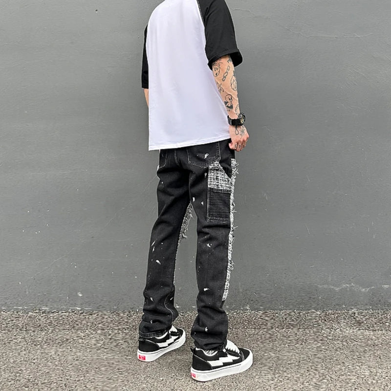 black white checkered patchwork straight leg denim trousers men hip hop splashed ink logging pants jeans slim fit washed torn unique jeans style 563