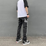 black white checkered patchwork straight leg denim trousers men hip hop splashed ink logging pants jeans slim fit washed torn unique jeans style 563