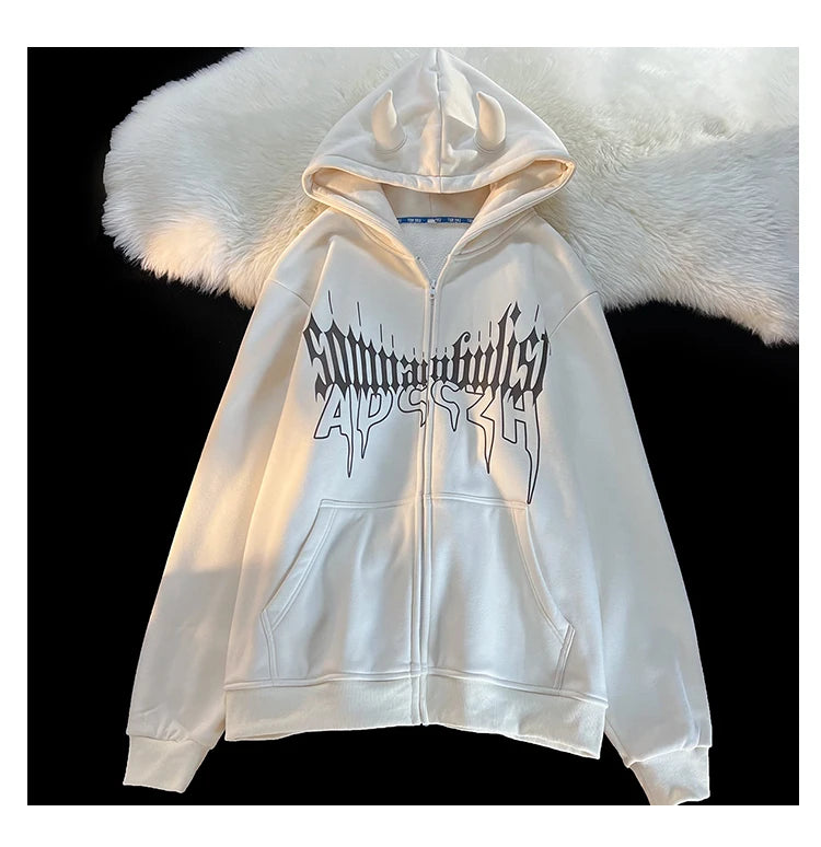Y2K Kawaii Devil Horn Tail Hip Hop Badge Print Hoodies Cardigan Couple