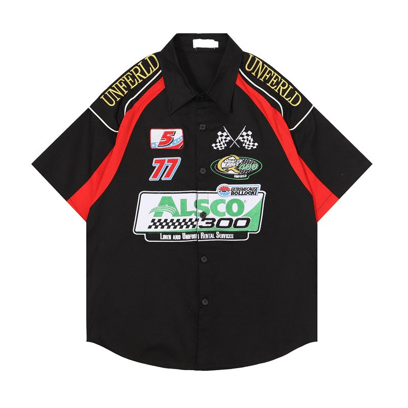 Fashion Mens Racing Embroidered Short Sleeves Shirt Casual Short Sleeve Hawaiian Shirt Hip Hop Harajuku Streetwear Loose Shirts