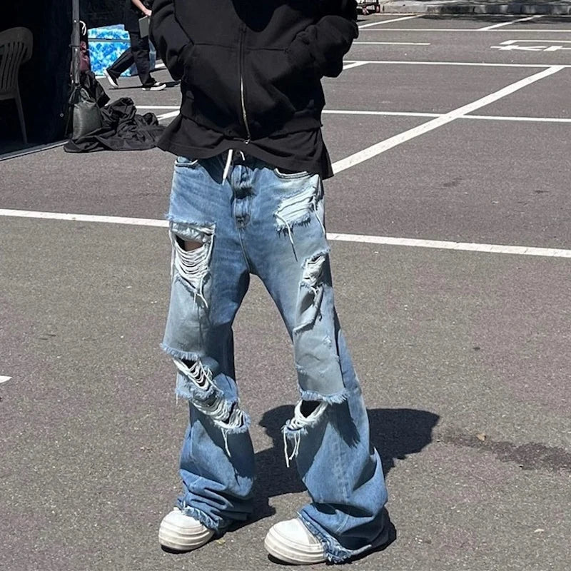 vintage ripped flared jeans blue straight baggy jeans trousers streetwear luxury loose casual distressed denim pants male denim street jeans